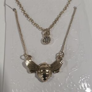 Gold-Tone Bee Crystal Charm Pendant Set of 2 Necklaces - Women's Fashion Jewelry